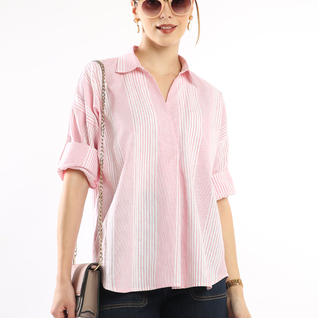 Elna Pink Stripes Cotton Stylish Pullover Shirt