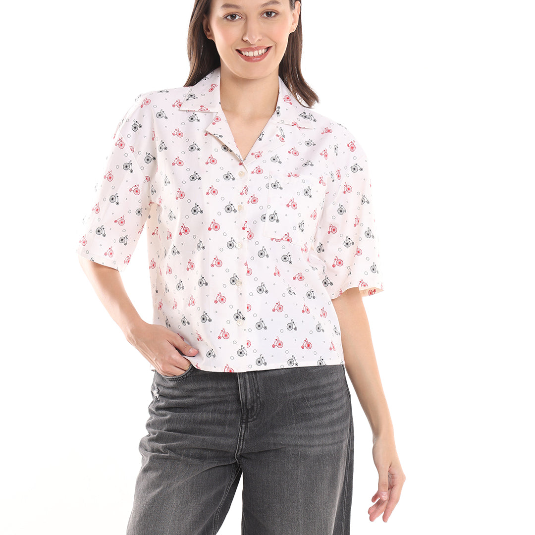 Cecelia White Printed Short Sleeves Cropped Cotton Shirt