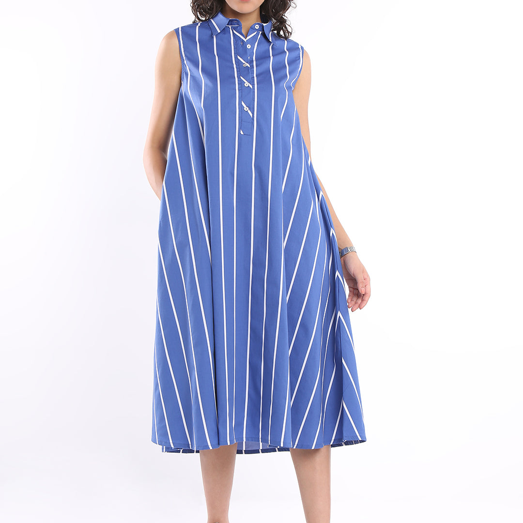 Elva Blue & White Stripes Cotton Midi Dress