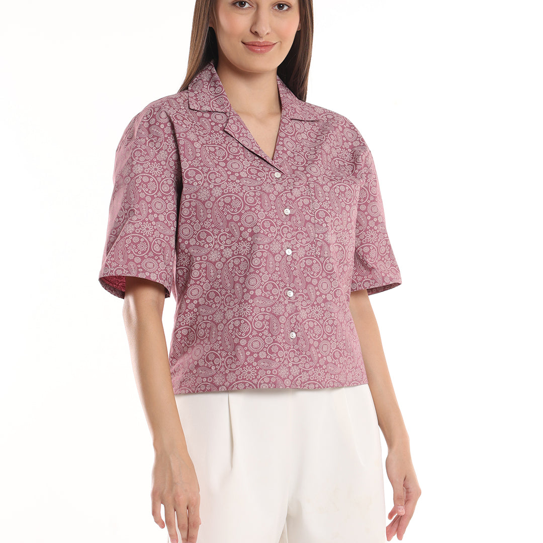 Casey Onion Pink Printed Short Sleeves Cropped Cotton Shirt