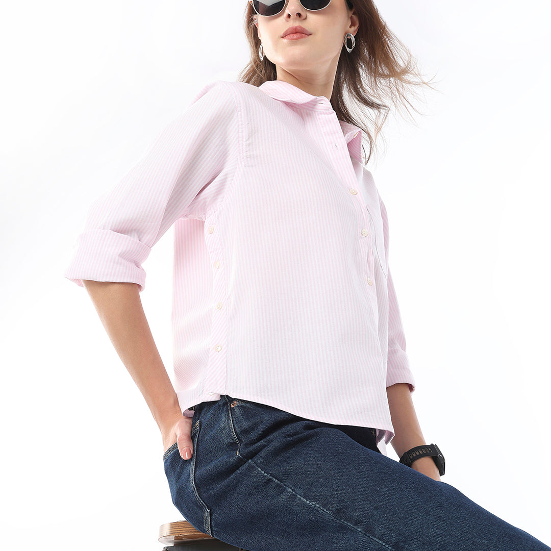 Folk Striped Cotton Shirt with Side Buttons
