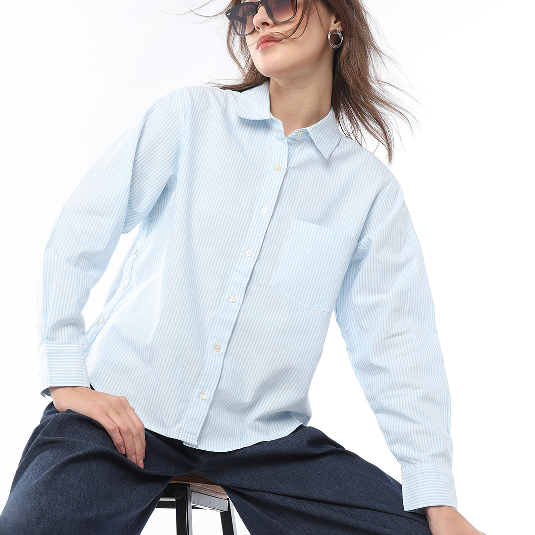 Folk Striped Cotton Shirt with Side Buttons