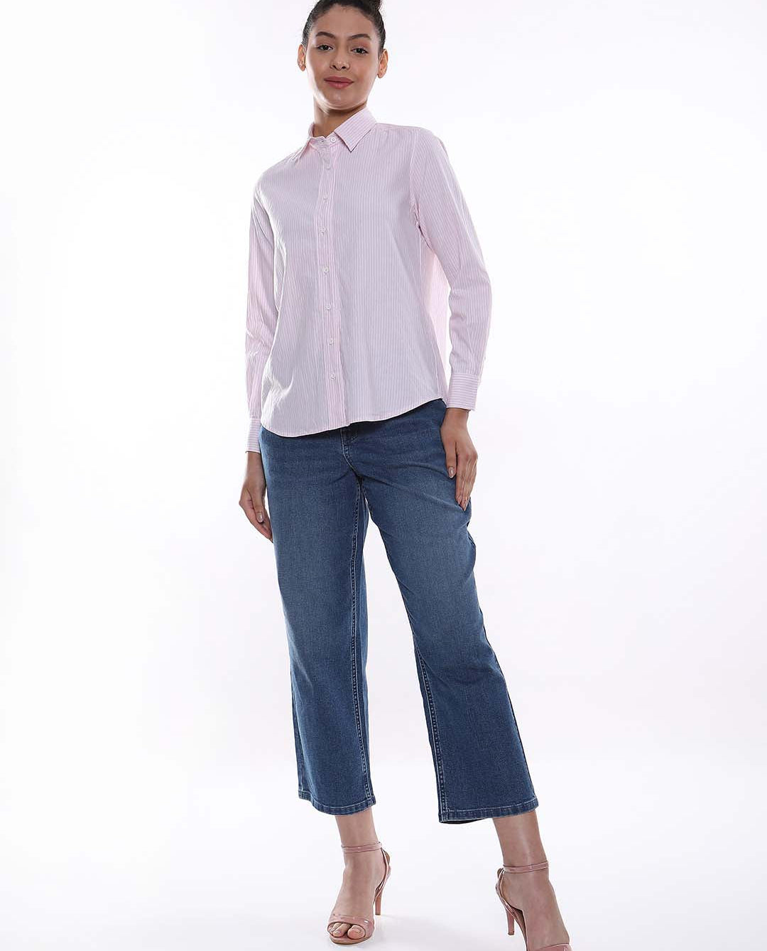 Aksa Pink & White Striped Oxford Cotton Shirt for Women - Zurich Fit from Gazillion - Full Standing Stylised Look