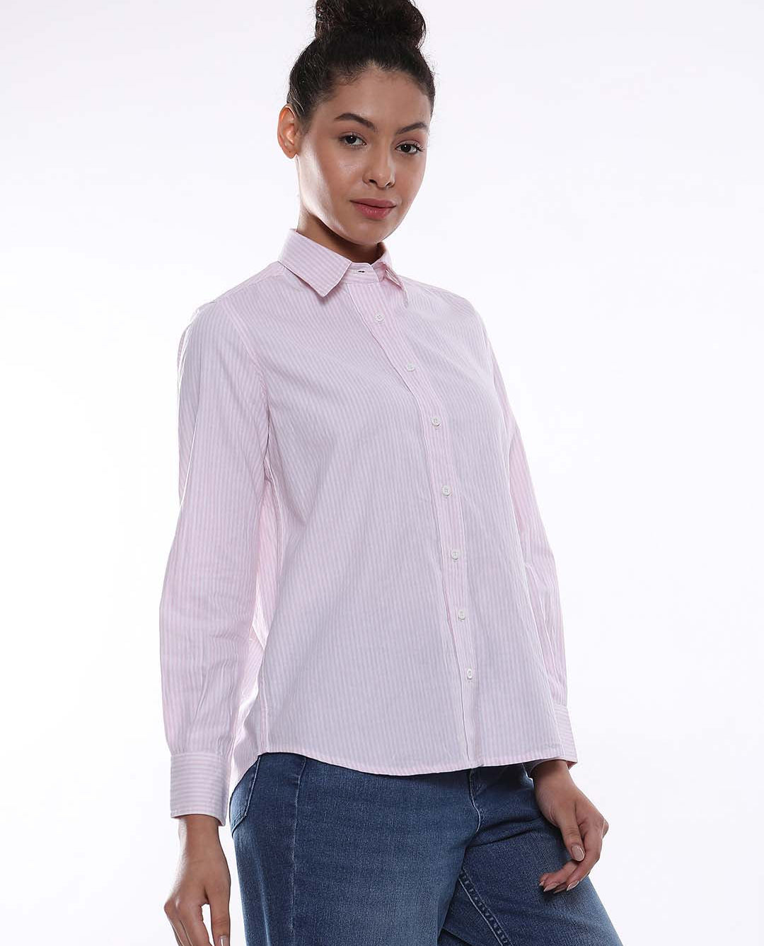 Aksa Pink & White Striped Oxford Cotton Shirt for Women - Zurich Fit from Gazillion - Right Side Look