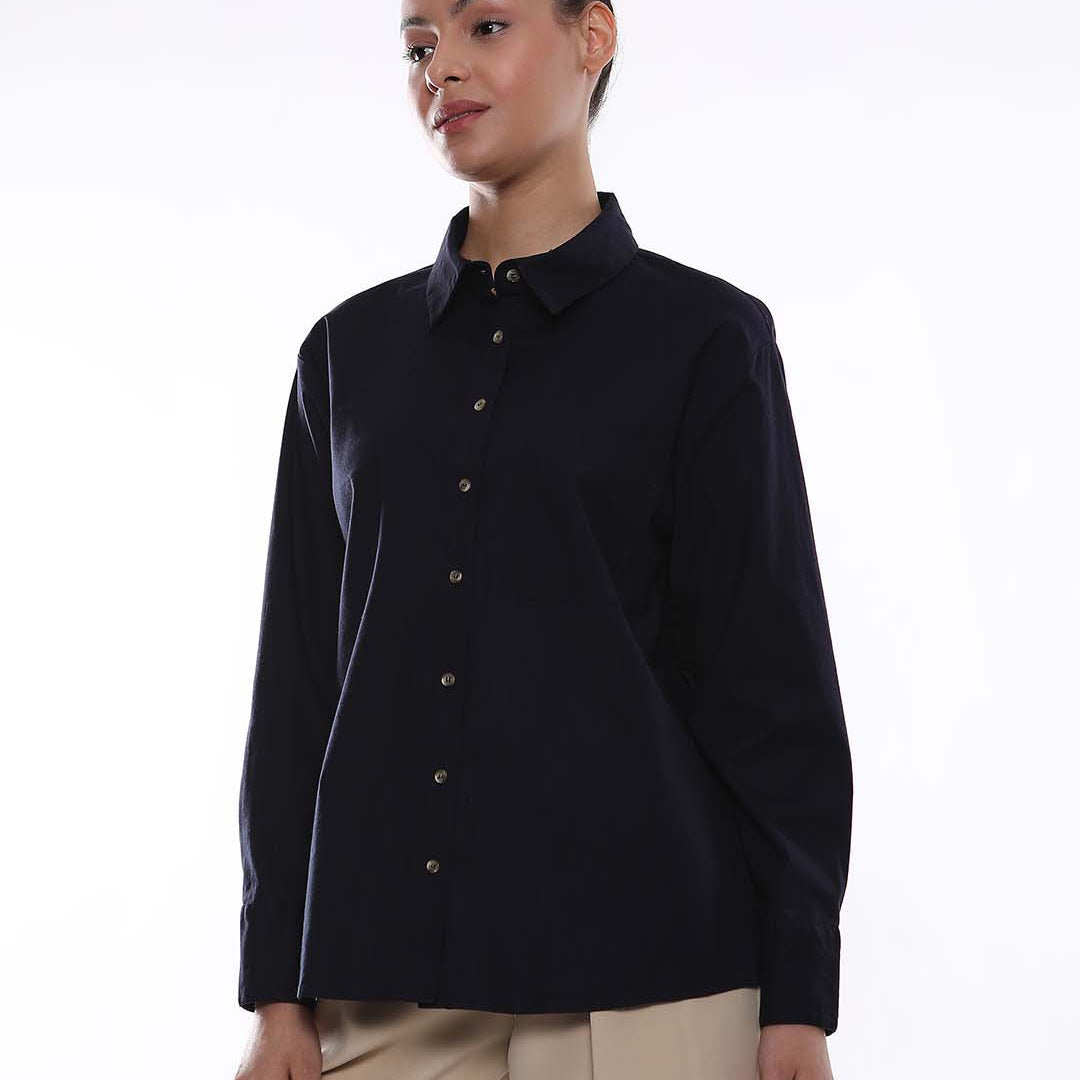Alanis Navy Blue Cotton Oversized Shirt for Women - Copenhagen Fit from GAZILLION - Left Side Look