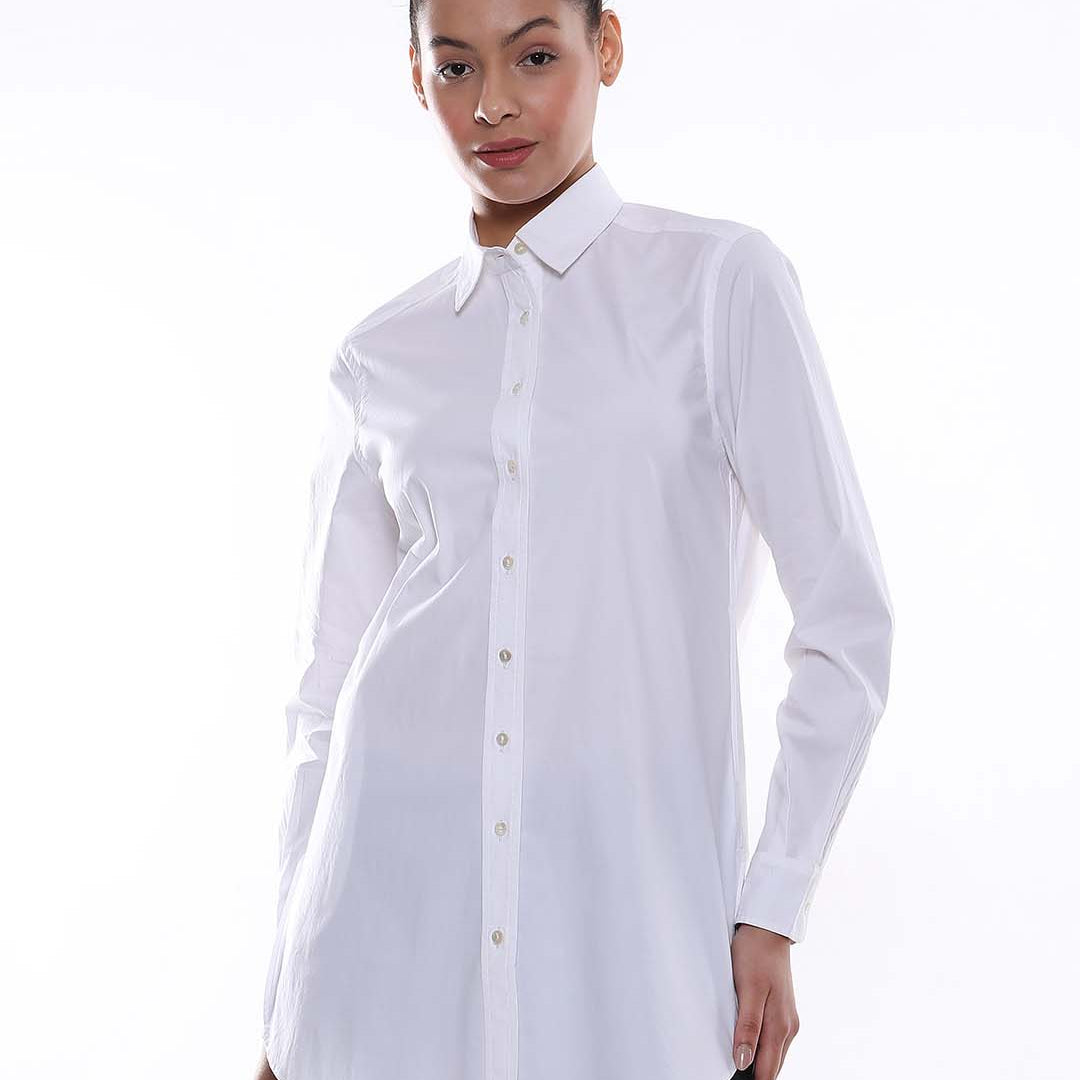 Alisha White Cotton Long Shirt for Women - Rome Fit from Gazillion - Front Look