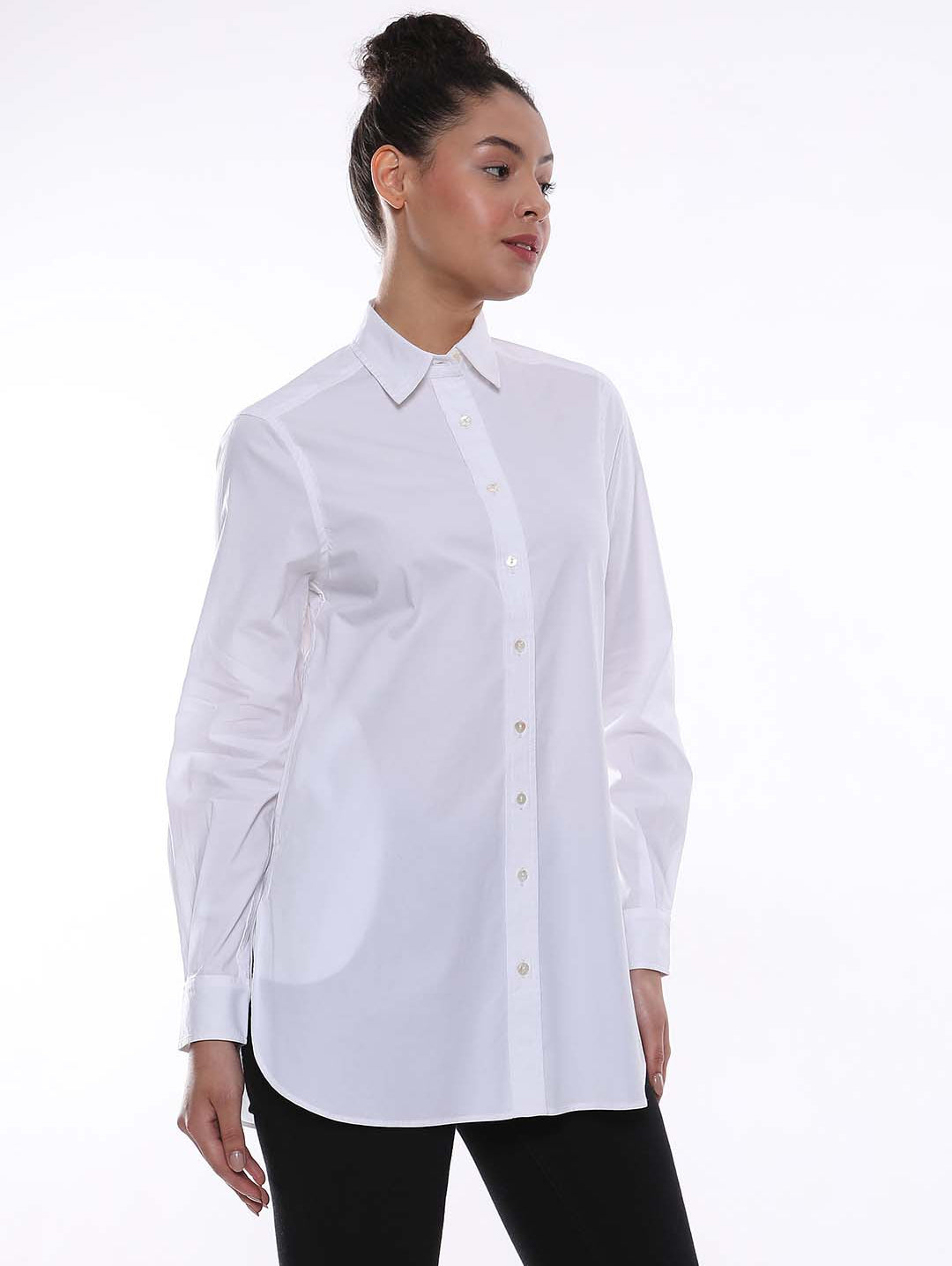 Alisha White Cotton Long Shirt for Women - Rome Fit from Gazillion - Right Side Look