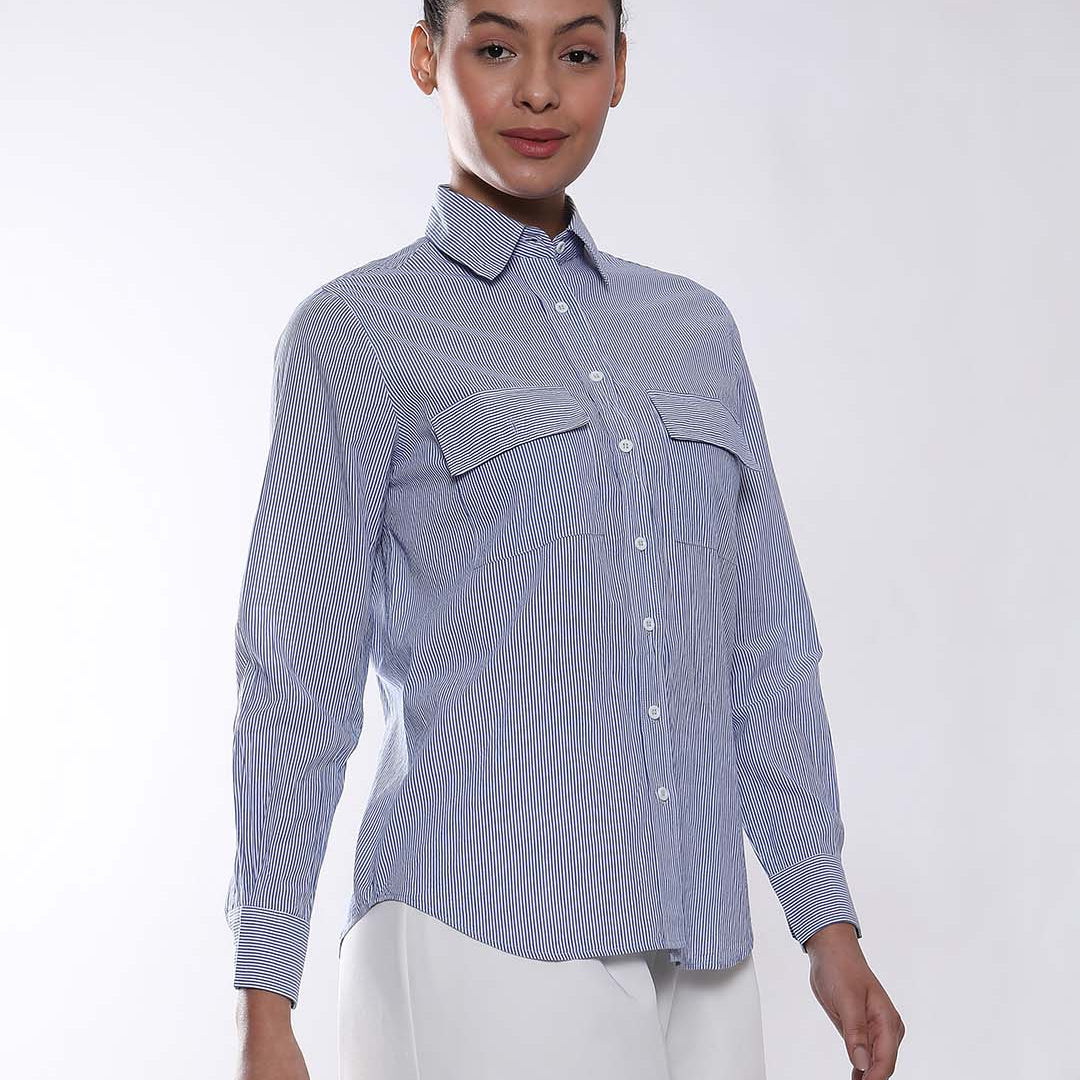 Alvina Blue & White Striped Cotton Shirt for Women - Lisbon Fit from GAZILLION - Right Side Look