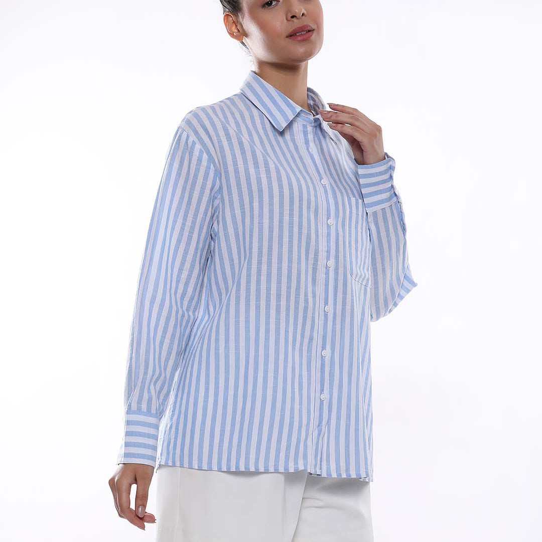 Amanda Blue & White Striped Cotton Oversized Shirt for Women - Copenhagen Fit from GAZILLION - Right Side Look