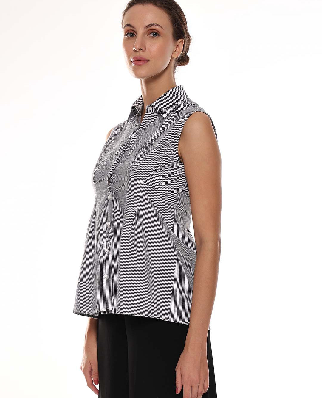 Amayra Black & White Striped Cotton Oversized Shirt for Women - Brussels Fit for GAZILLION - Left Side Look