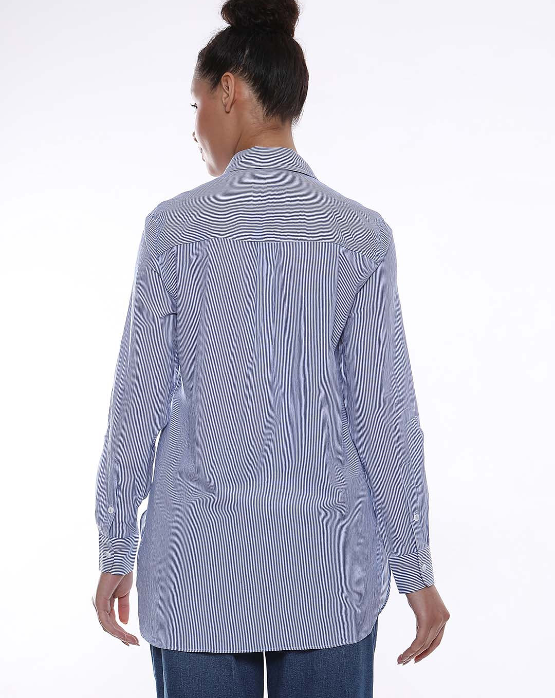 Amy Blue & White Striped Cotton Long Shirt for Women - Rome Fit from GAZILLION - Back Look