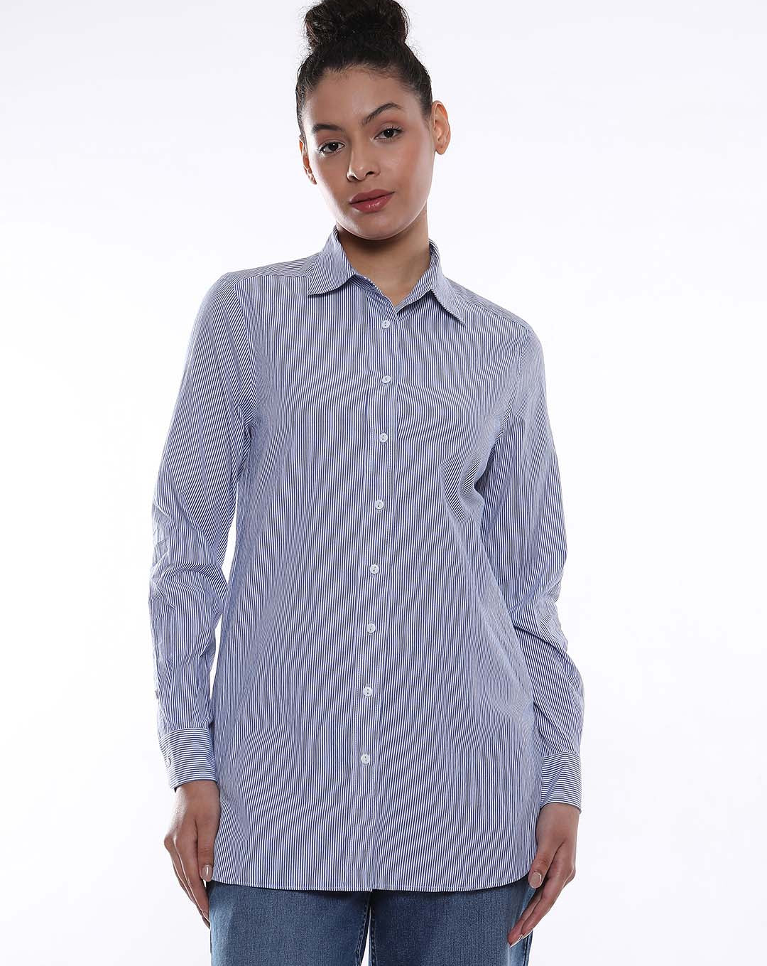 Amy Blue & White Striped Cotton Long Shirt for Women - Rome Fit from GAZILLION - Front Look