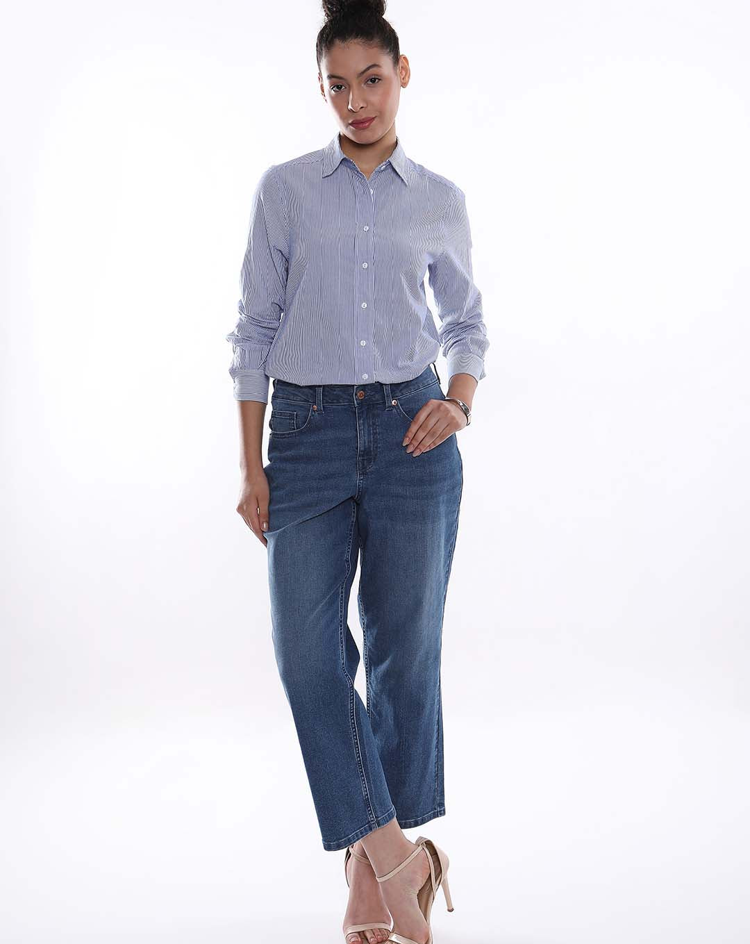 Amy Blue & White Striped Cotton Long Shirt for Women - Rome Fit from GAZILLION - Full Standing Stylised Look with Hand in Pocket