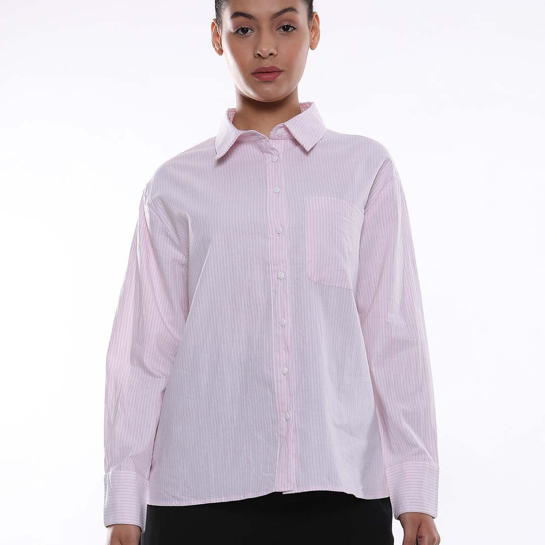 Anissa Pink & White Striped Oxford Cotton Oversized Shirt for Women - Copenhagen Fit from GAZILLION - Front Look