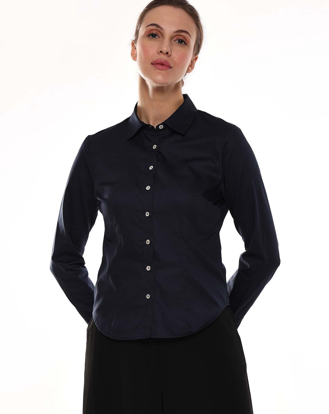 Armani Navy Blue Cotton Formal Shirt for Women - Munich Fit from GAZILLION - Front Look