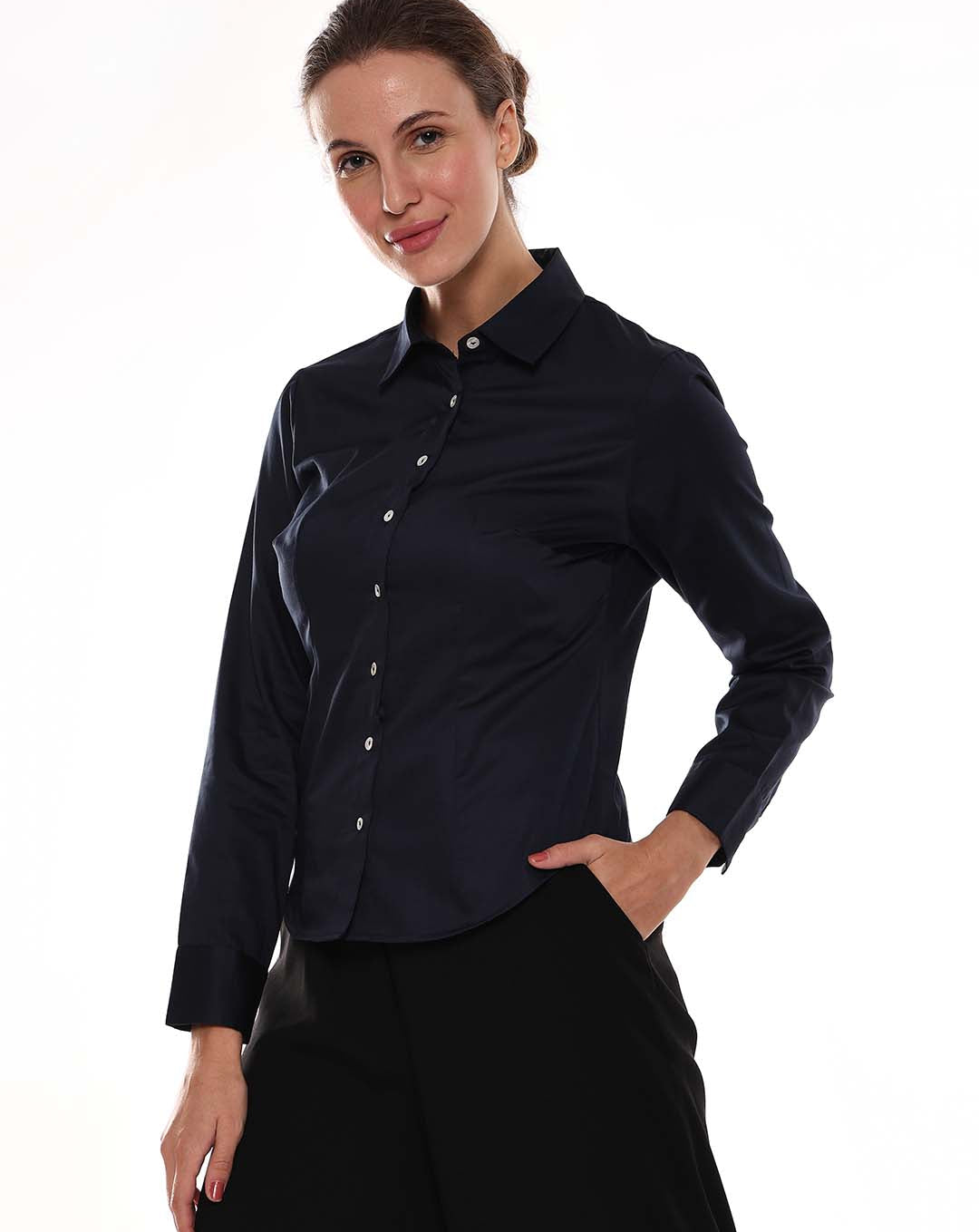 Armani Navy Blue Cotton Formal Shirt for Women - Munich Fit from GAZILLION - Left Side Look