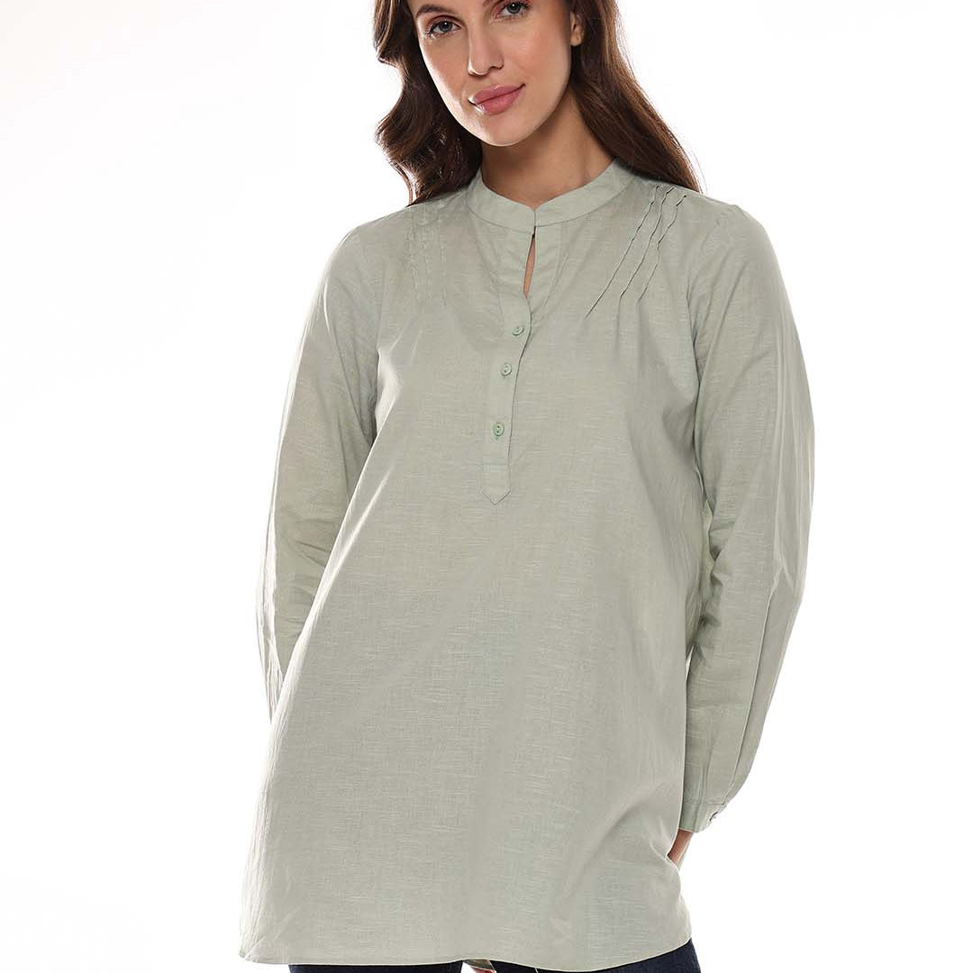 Audrey Sage Green Slubbed Cotton Tunic Shirt for Women - Istanbul Fit from GAZILLION - Front Look