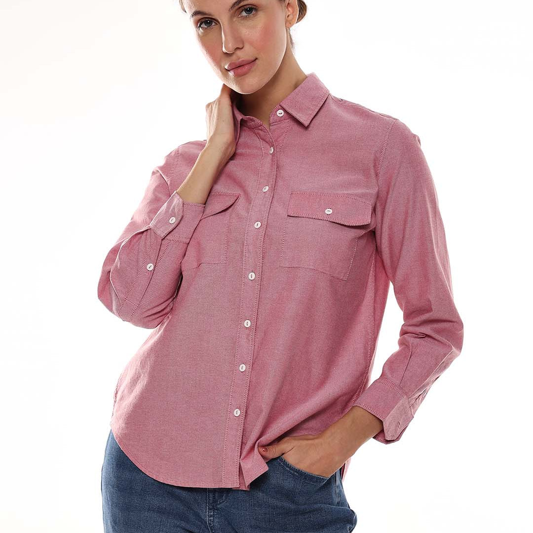 Aura Red Oxford Cotton Chambray Shirt for Women - Lisbon Fit from GAZILLION - Front Look