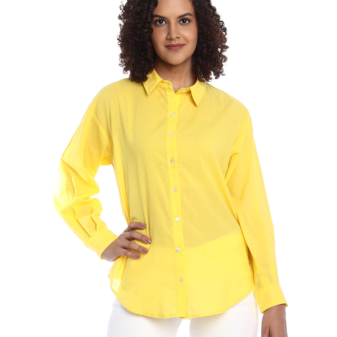 Bali Bright Yellow Cotton Drop Shoulder Shirt for Women - Paris Fit from GAZILLION- Front Look