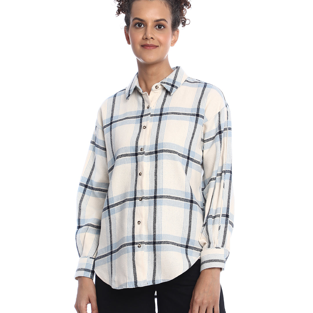 Barbara Powder Blue Brushed Cotton Checks Drop Shoulder Shirt for Women - Paris Fit from GAZILLION - Front Look