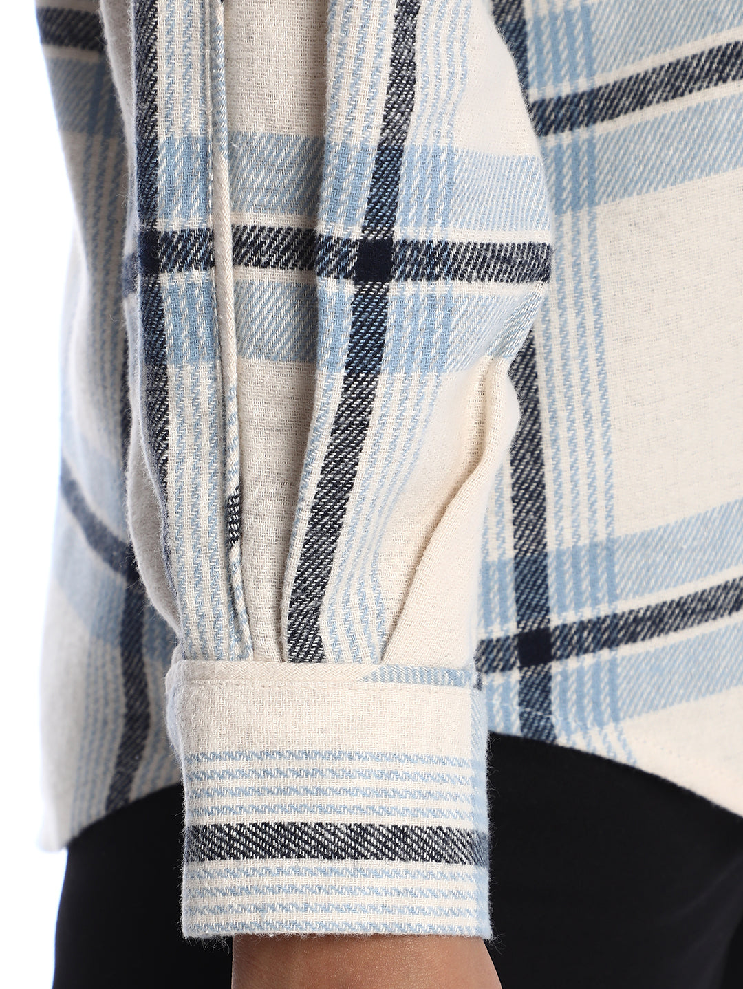Barbara Powder Blue Brushed Cotton Checks Drop Shoulder Shirt for Women - Paris Fit from GAZILLION - Sleeve Detail
