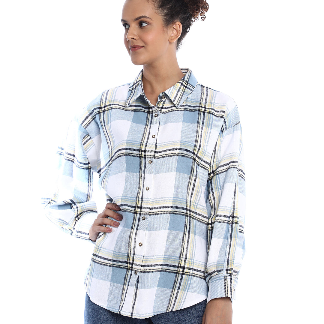 Beatrice Powder Blue Brushed Cotton Checks Drop Shoulder Shirt for Women - Paris Fit from GAZILLION - Front Look