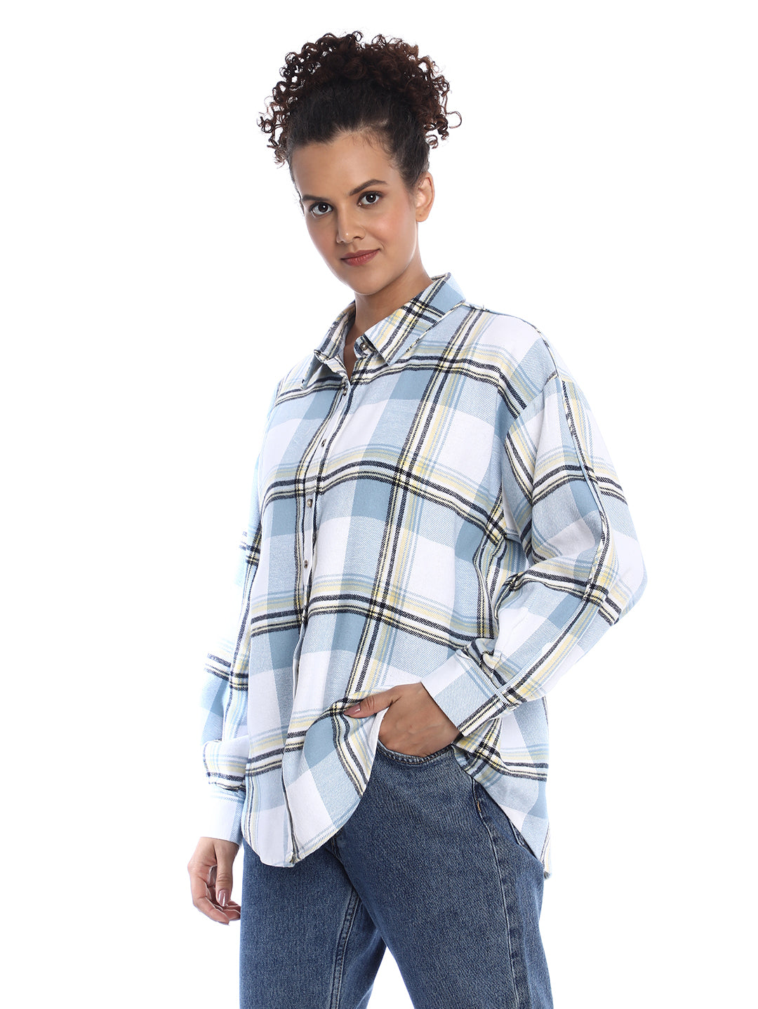 Beatrice Powder Blue Brushed Cotton Checks Drop Shoulder Shirt for Women - Paris Fit from GAZILLION - Left Side Look