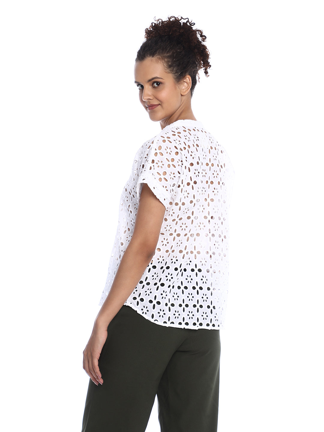 Belinda White Cotton Schiffli Loose Shirt for Women - Barcelona Fit from GAZILLION - Back Side Look