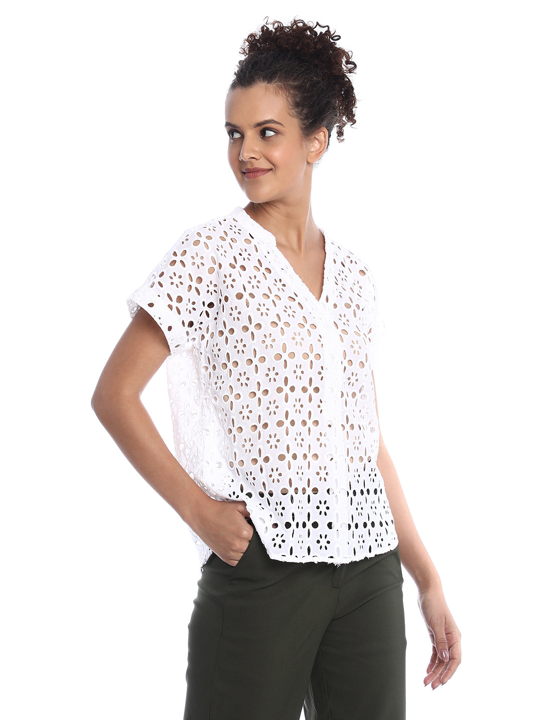 Belinda White Cotton Schiffli Loose Shirt for Women - Barcelona Fit from GAZILLION - Right Side Look