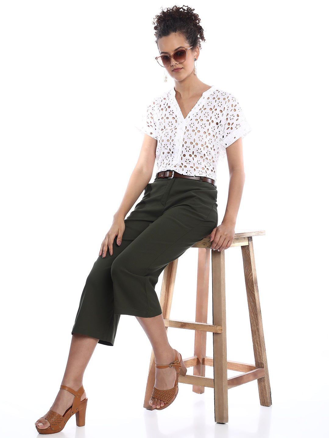 Belinda White Cotton Schiffli Loose Shirt for Women - Barcelona Fit from GAZILLION - Stylised Seated Look