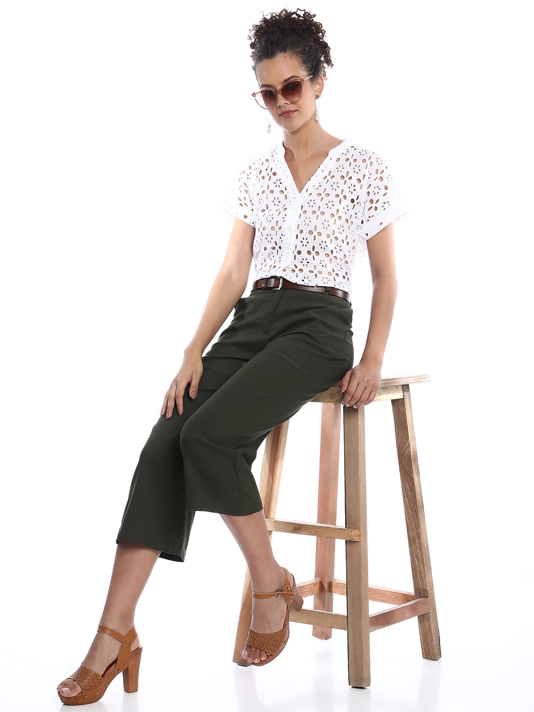 Belinda White Cotton Schiffli Loose Shirt for Women - Barcelona Fit from GAZILLION - Stylised Seated Look