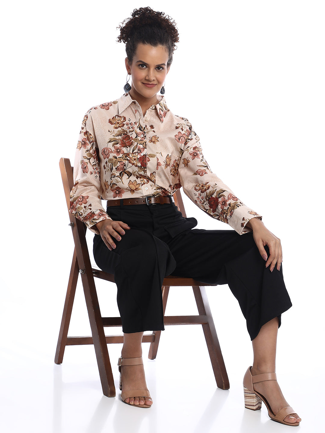 Bellora Beige Floral Print Cotton Oversized Shirt for Women - Brussels Fit from GAZILLION - Stylised Seated Look