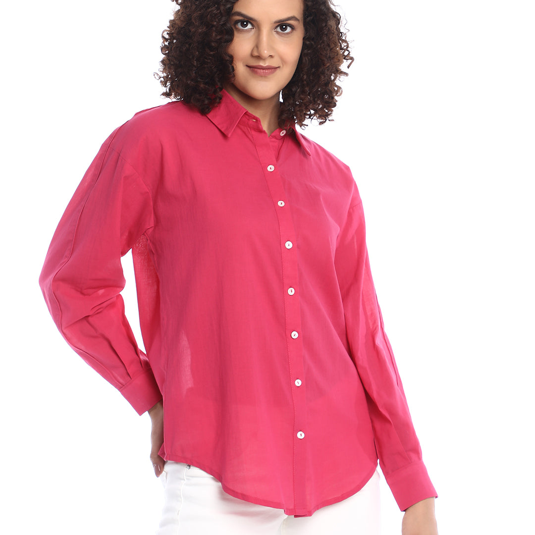 Berry Bright Pink Cotton Drop Shoulder Shirt for Women - Paris Fit from GAZILLION - Right Side Look