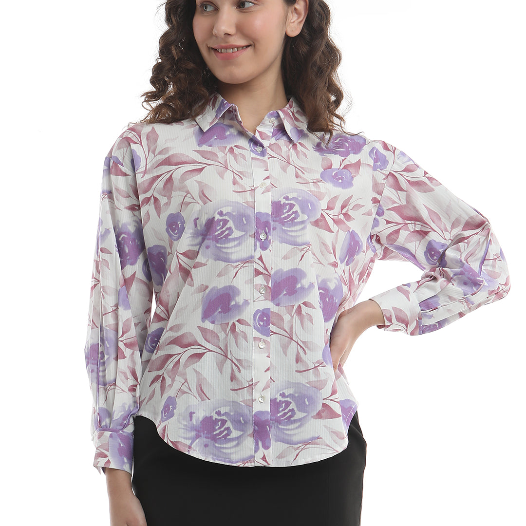 Bertie Lavender Floral Print Cotton Drop Shoulder Shirt for Women - Paris Fit from GAZILLION - Front Look