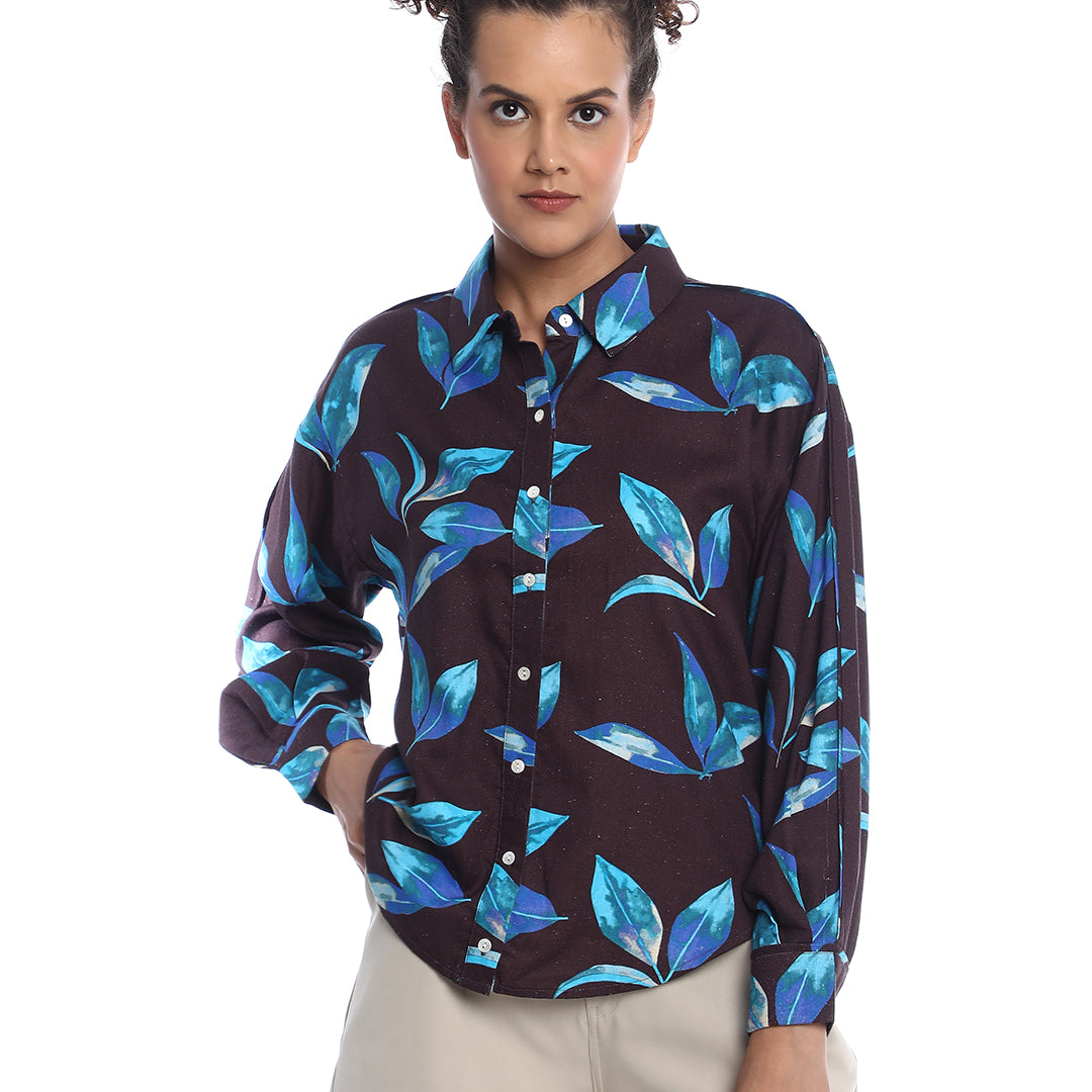 Betty Dark Floral Print Viscose Linen Drop Shoulder Shirt for Women - Paris Fit from GAZILLION - Front Look