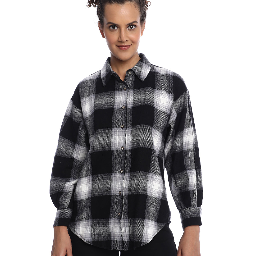 Bianca Black Brushed Cotton Checks Drop Shoulder Shirt for Women - Paris Fit from GAZILLION - Front Look