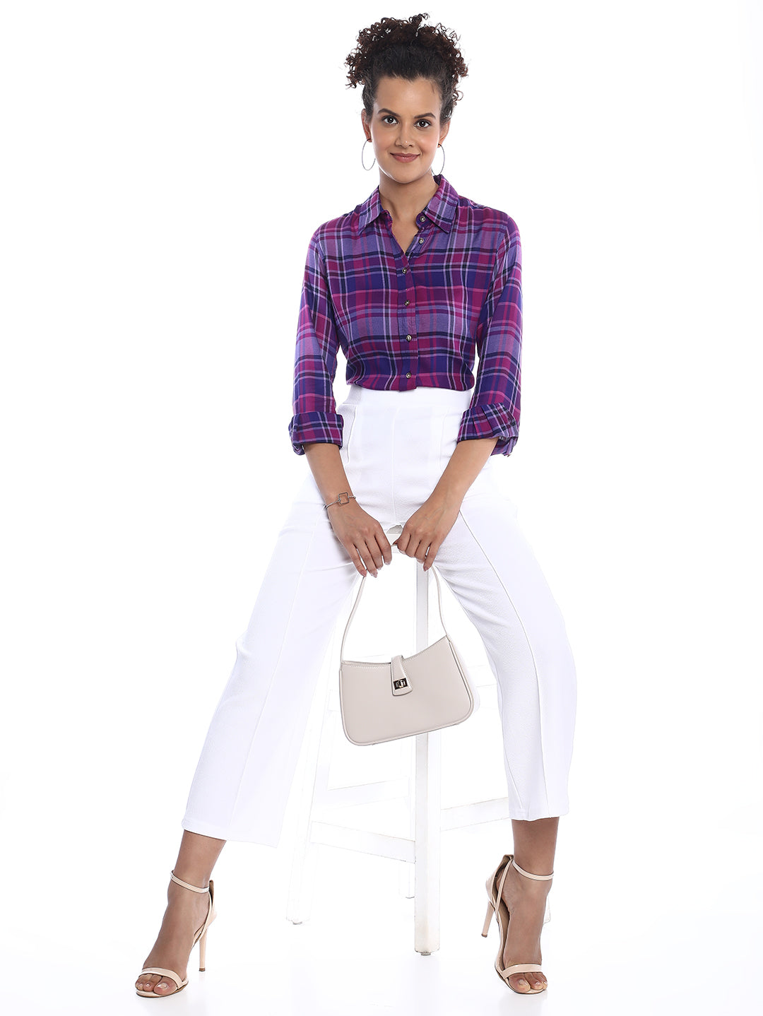 Bina Purple Checks Soft Viscose Shirt for Women - Zurich Fit from GAZILLION - Stylised Seated Look