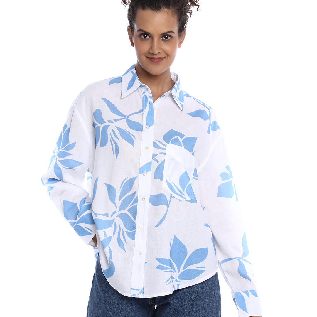 Bonnie Blue Floral Print Viscose Linen Oversized Shirt for Women - Brussels Fit from GAZILLION - Front Look