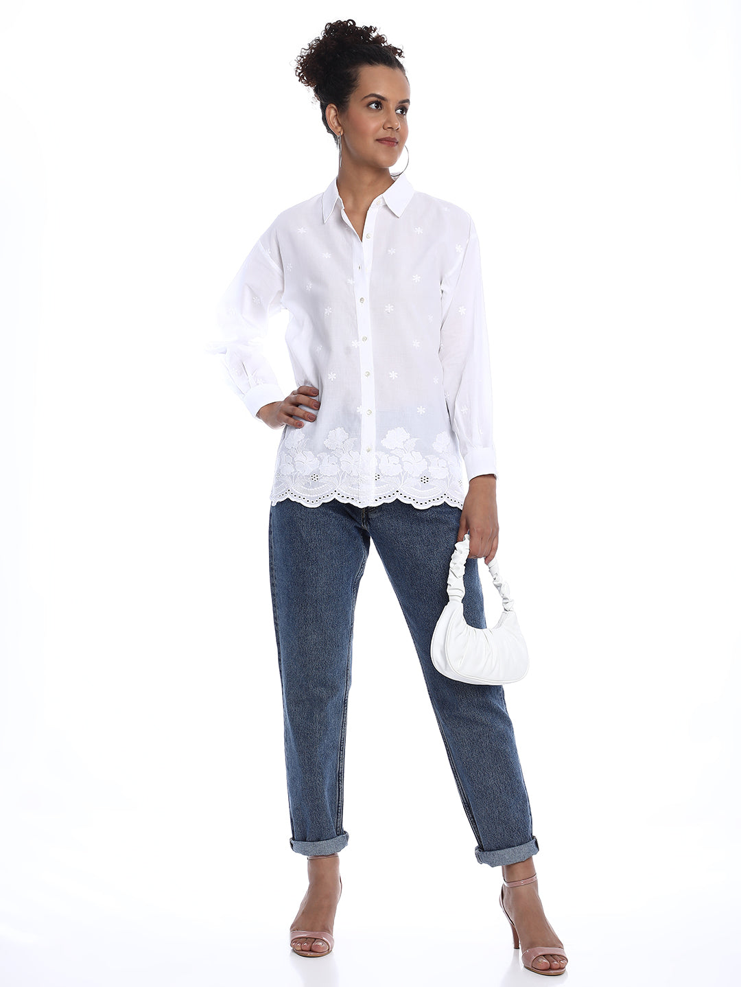 Bree White Schiffli Floral Border Drop Shoulder Shirt for Women - Paris Fit from GAZILLION - Stylised Standing Look