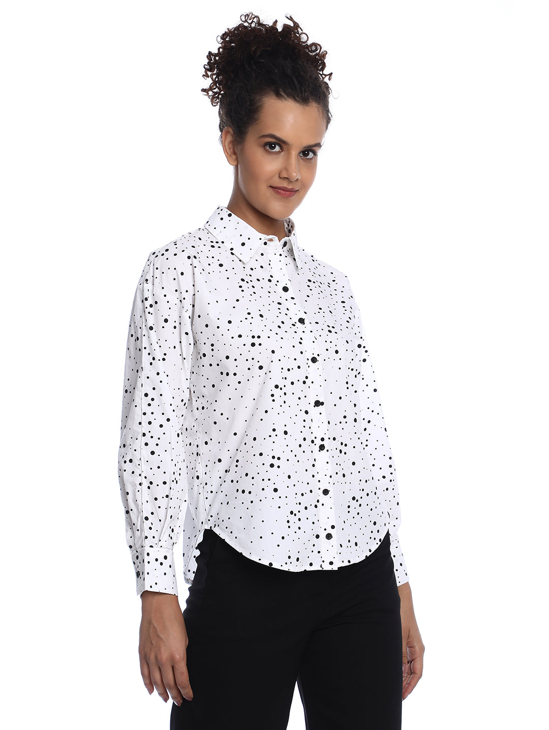 Brenda Black & White Polka Dots Print Cotton Drop Shoulder Shirt for Women - Paris Fit from GAZILLION - Right Side Look