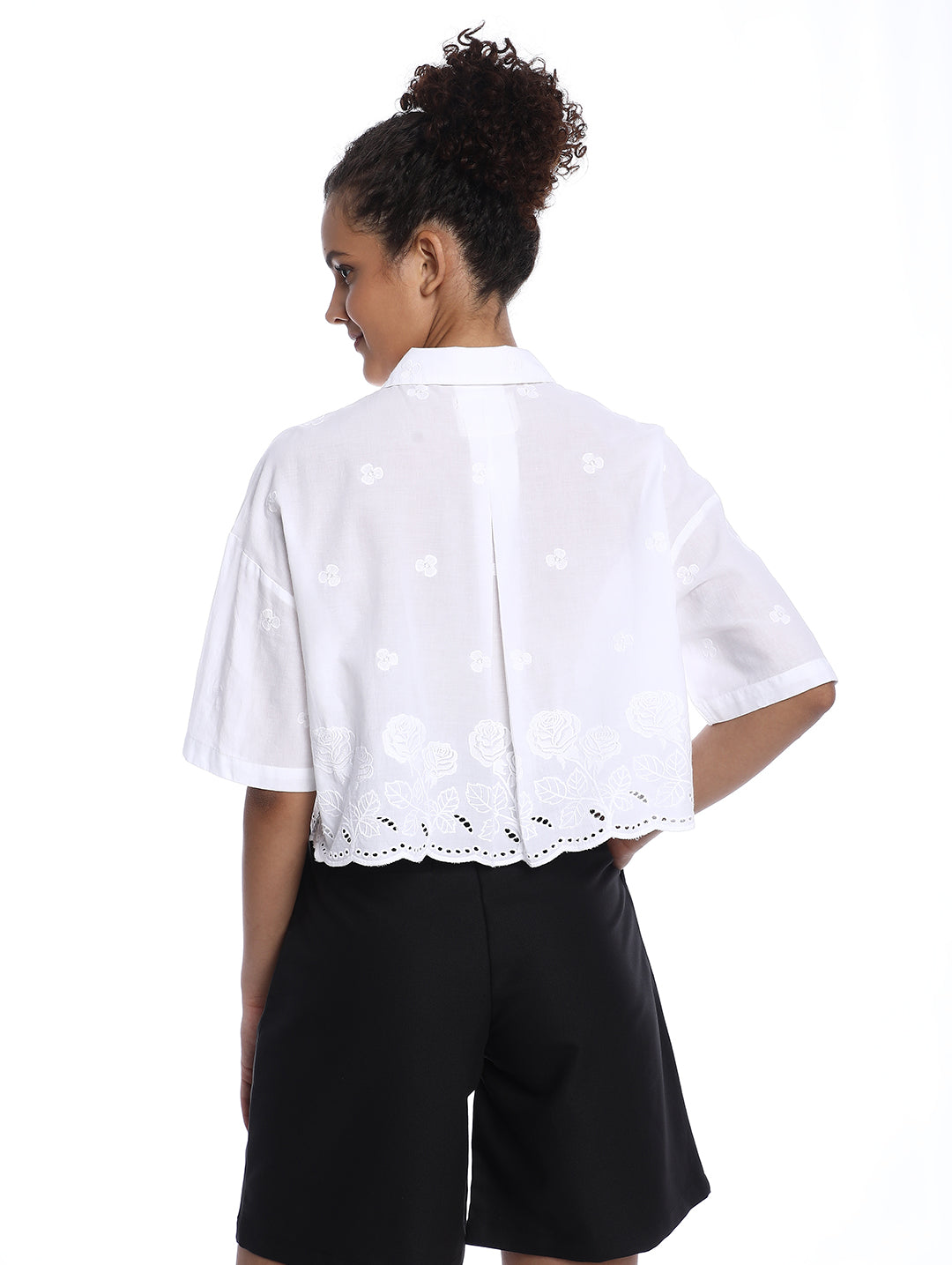 Briana White Shiffli Floral Border Cropped Shirt for Women - Budapest Fit from GAZILLION - Back Look