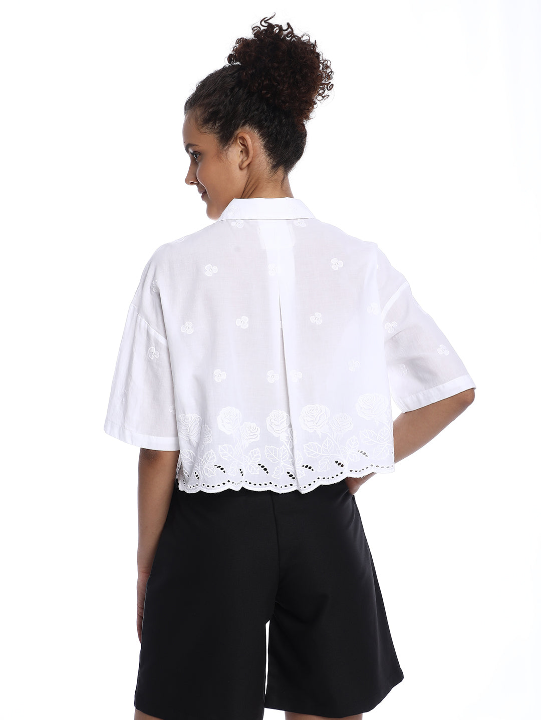 Briana White Shiffli Floral Border Cropped Shirt for Women - Budapest Fit from GAZILLION - Back Look