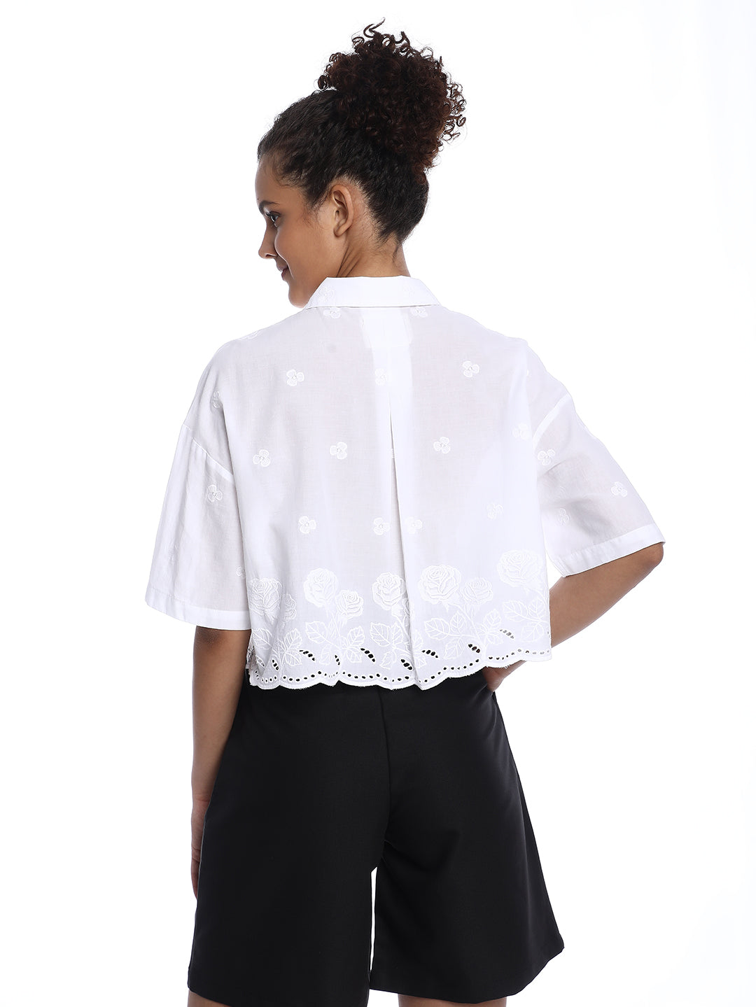 Briana White Shiffli Floral Border Cropped Shirt for Women - Budapest Fit from GAZILLION - Back Look