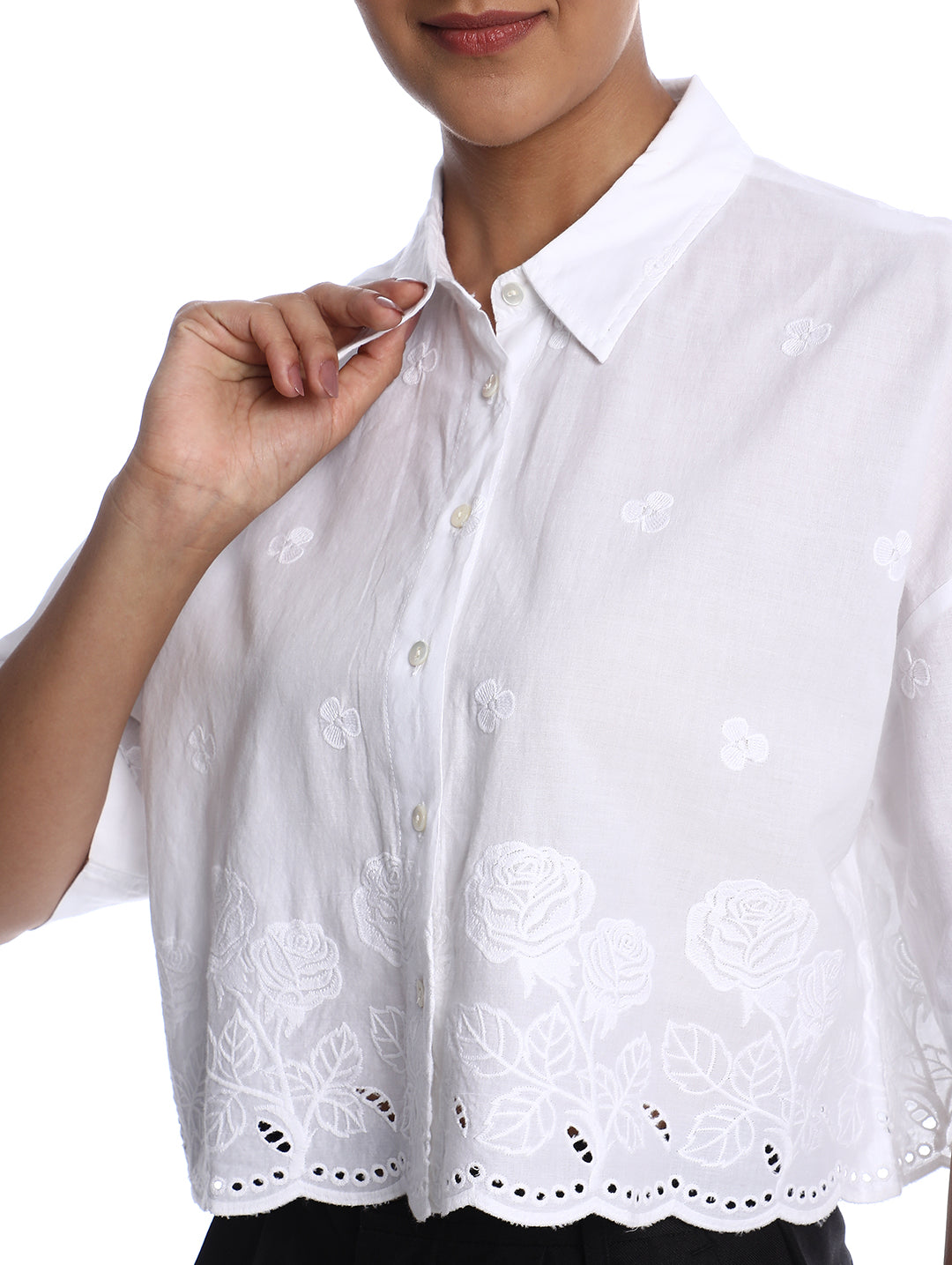 Briana White Shiffli Floral Border Cropped Shirt for Women - Budapest Fit from GAZILLION - Front Detail Button
