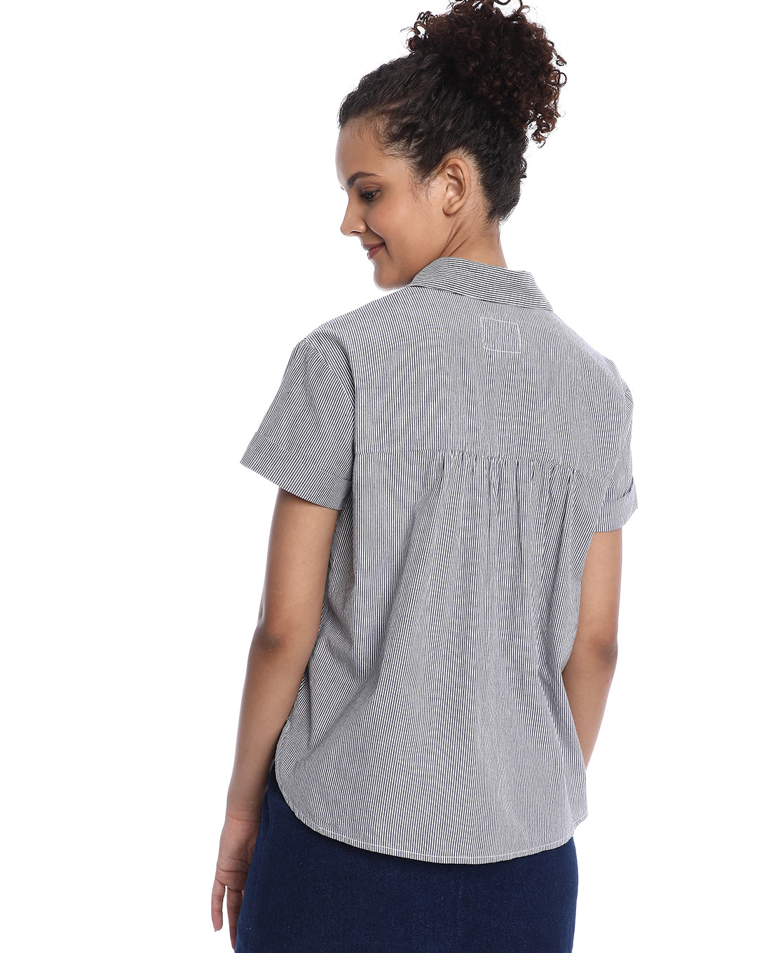 Bronze Black & White Striped Cotton Loose Shirt for Women - Madrid Fit from GAZILLION - Back Look