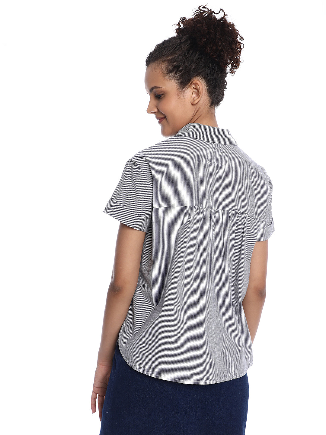Bronze Black & White Striped Cotton Loose Shirt for Women - Madrid Fit from GAZILLION - Back Look