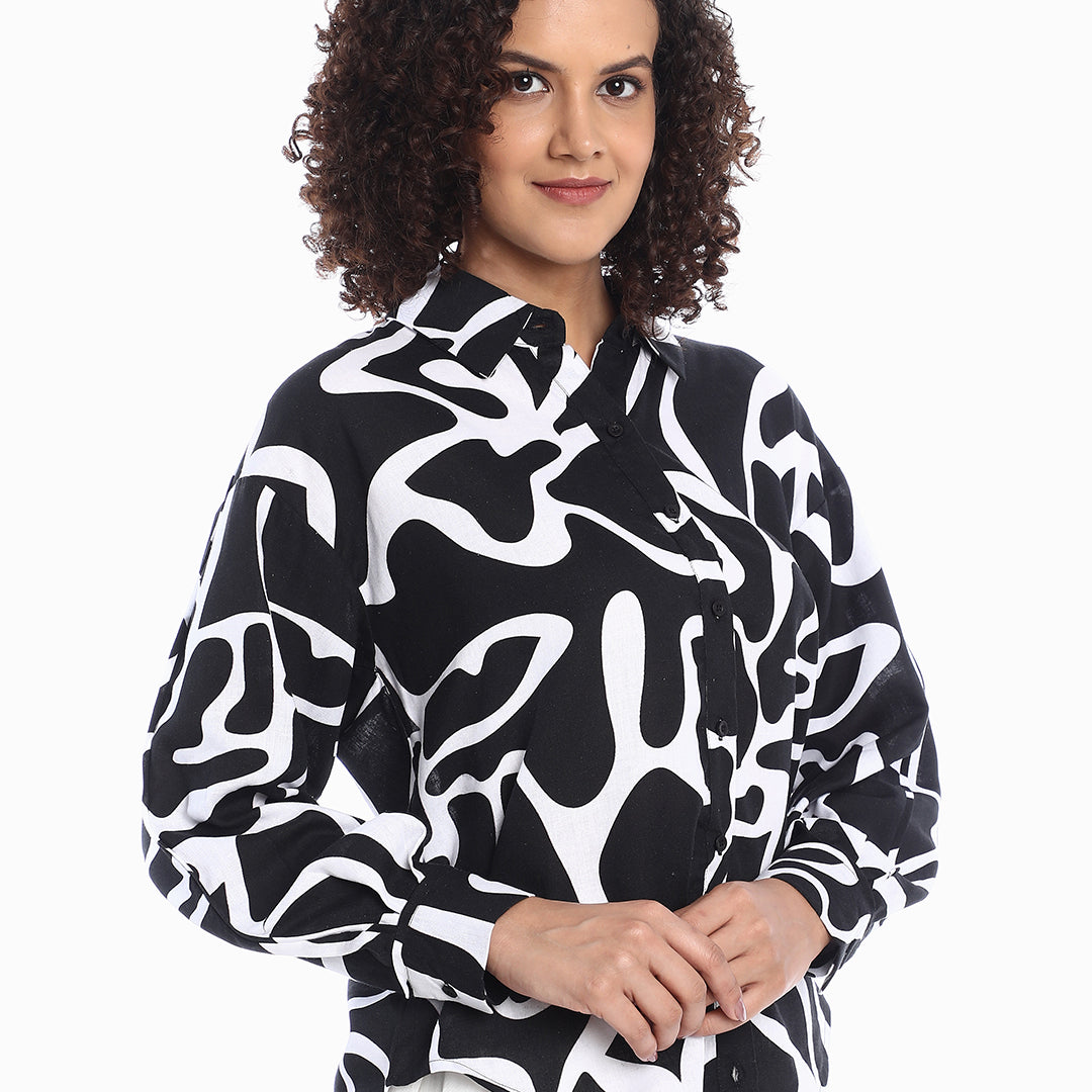 Brooke Black & White Abstract Print Viscose Linen Drop Shoulder Shirt for Women - Paris Fit from GAZILLION - Right Side Look