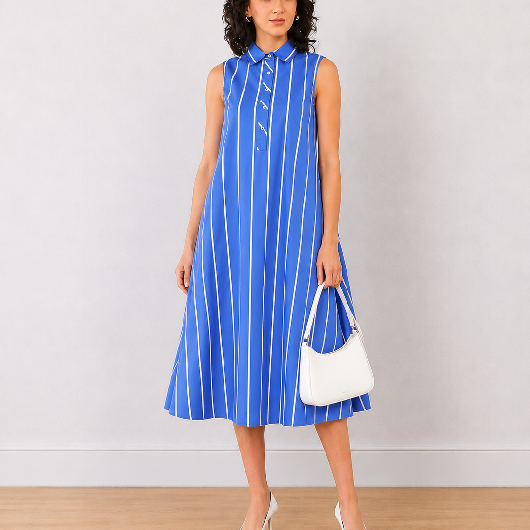 Elva Blue & White Stripes Cotton Midi Dress