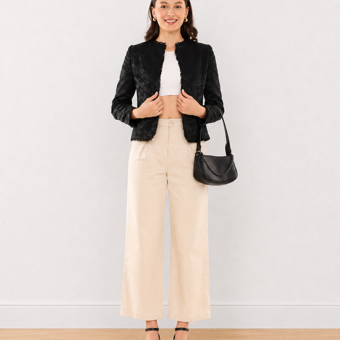 Enid Black Jacquard Collarless Cropped Jacket