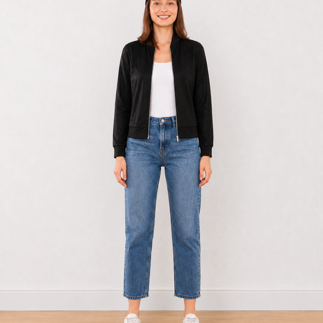 Emryn Black Net Cropped Bomber Jacket